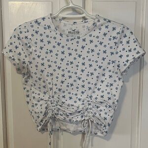 Hollister White and Blue Floral Ruched Tee